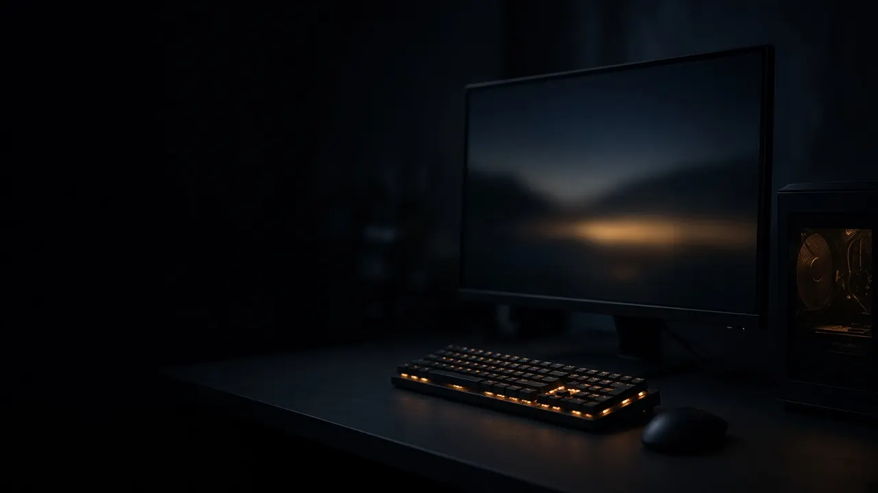 A dark gaming desk at night, high refresh rate monitor and glowing PC